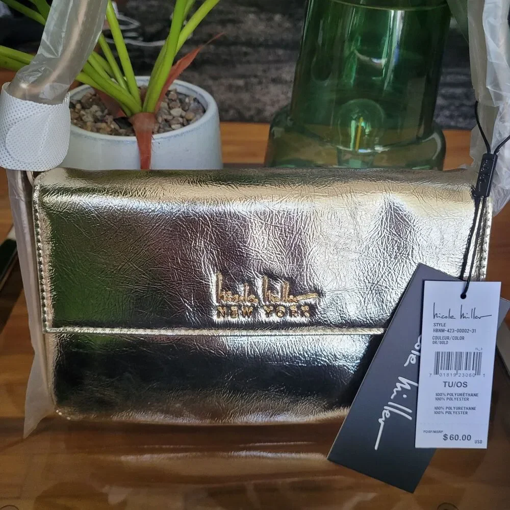 Nicole Miller Metallic Gold Vegan Leather Handbag Purse Shoulder Bag NWT $60 NEW - Picture 16 of 16